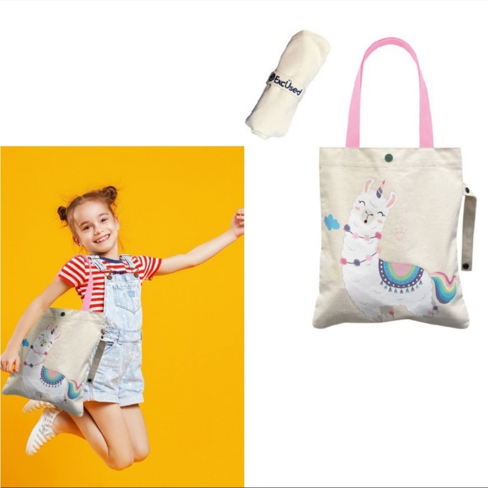 NWT ExcUsed Eco-friendly Reusable Shopping Tote Bags Llama With Snap Closure